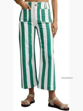 Cropped Striped High Waisted Straight Leg Jeans with Pockets